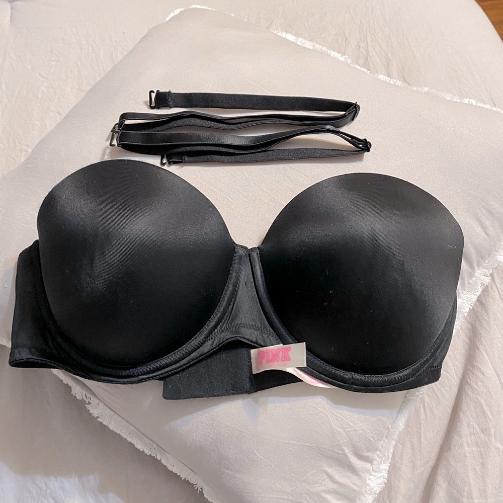Victoria Secret Pink Strapless Convertible Black Push-Up Bra (with straps) 36C
